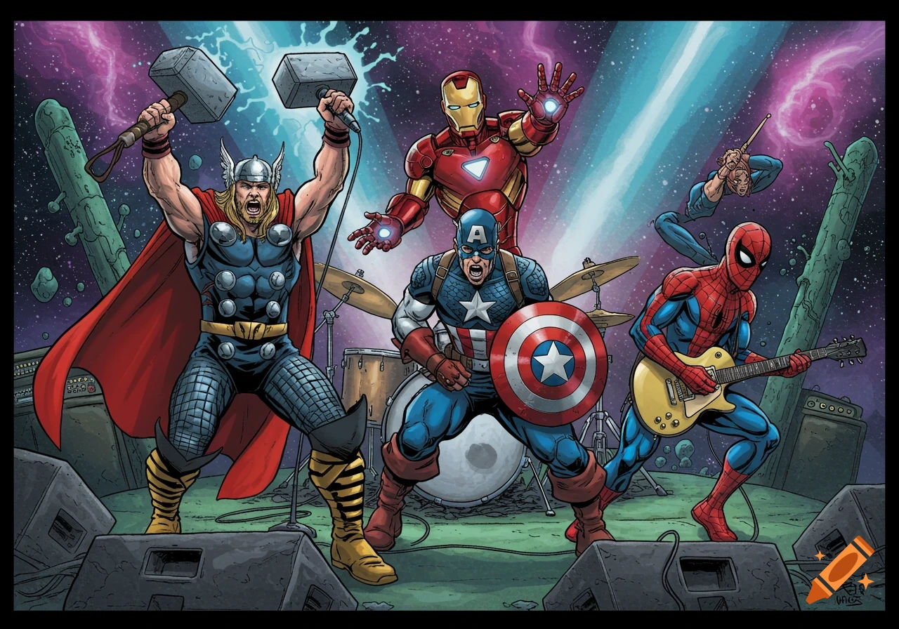 Comic book art of Marvel superheroes Thor, Iron Man, Captain America, and Spider-Man playing in a rock band.