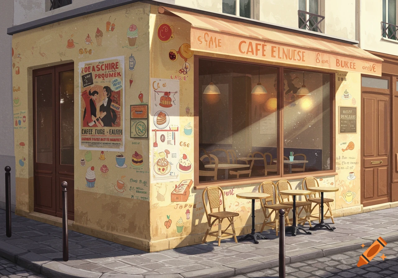 Exterior view of a cafe with outdoor seating, illustrated decorations, and signs.