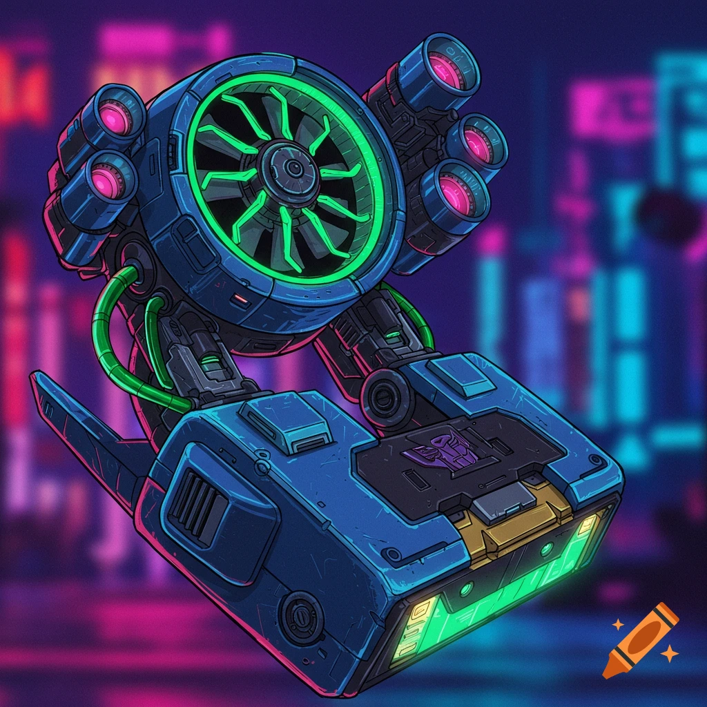 A blue robotic device with a green glowing fan against a blurry neon city background.
