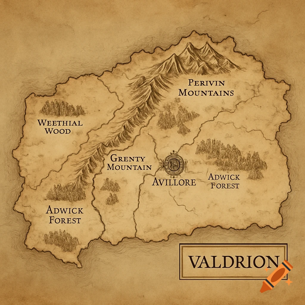 Hand-drawn parchment style fantasy map with mountains, forests, a river, and labeled locations.