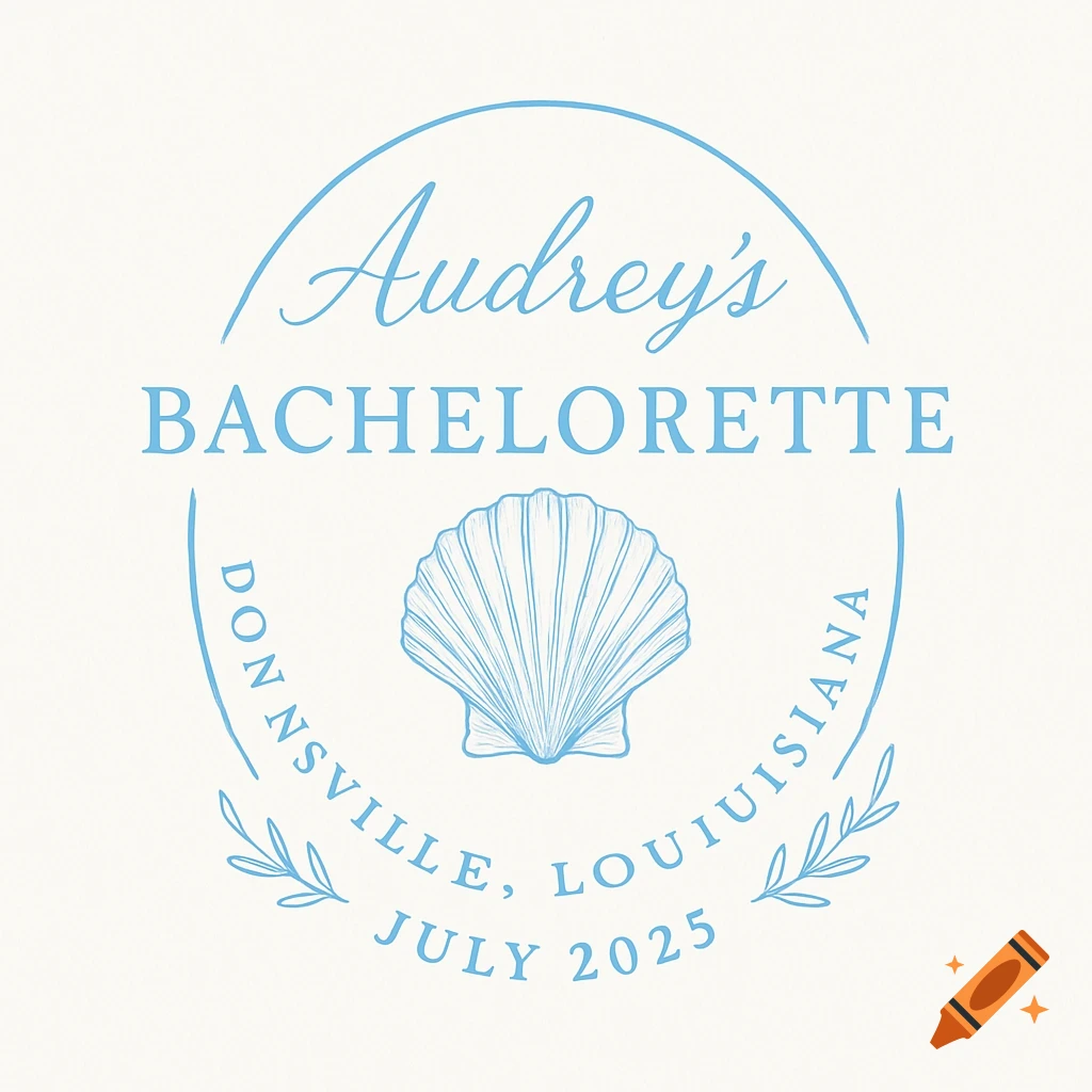 Simple blue coastal event logo with seashell for Audrey's Bachelorette