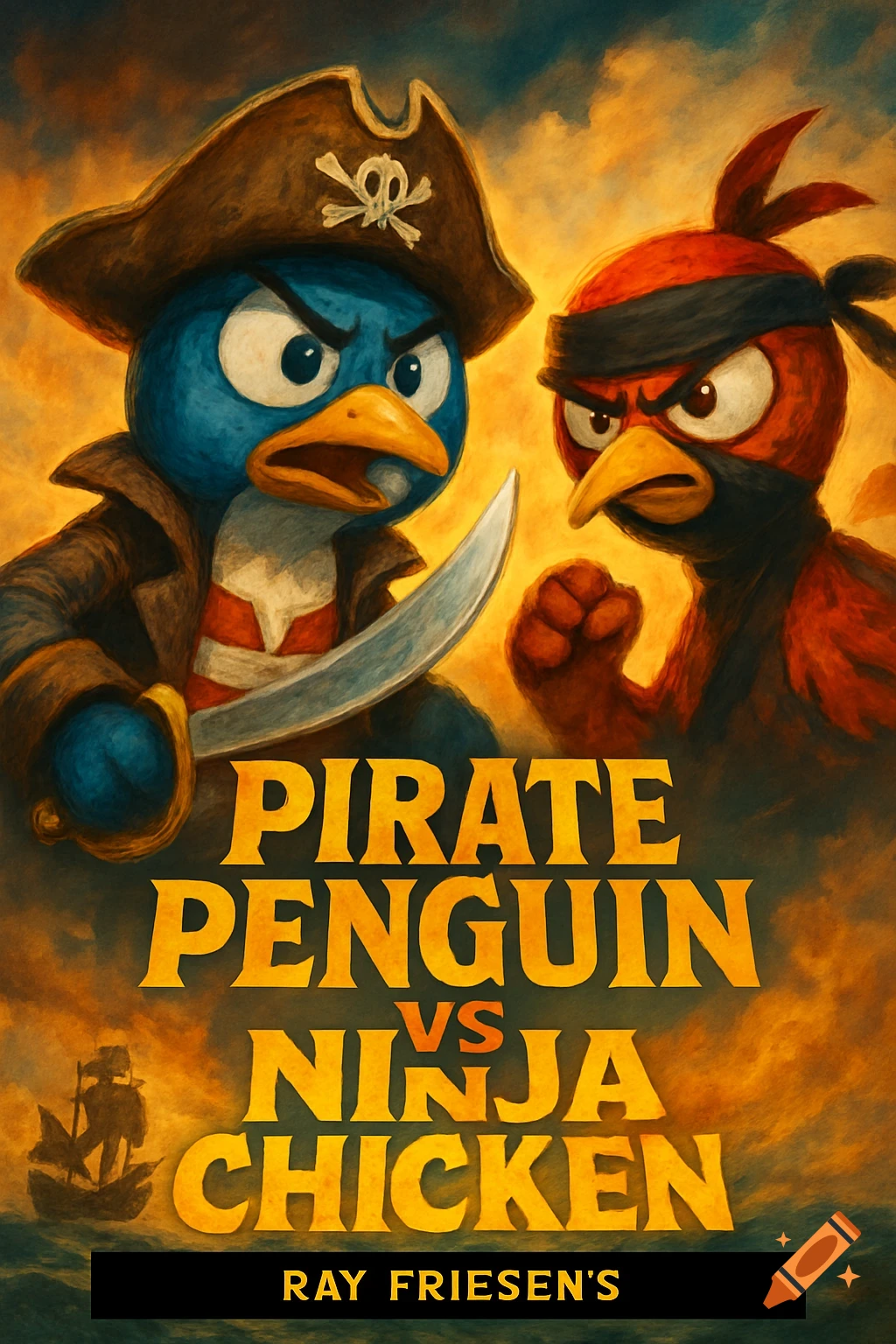 Painted movie poster for Pirate Penguin VS Ninja Chicken featuring a pirate penguin and ninja chicken facing off.