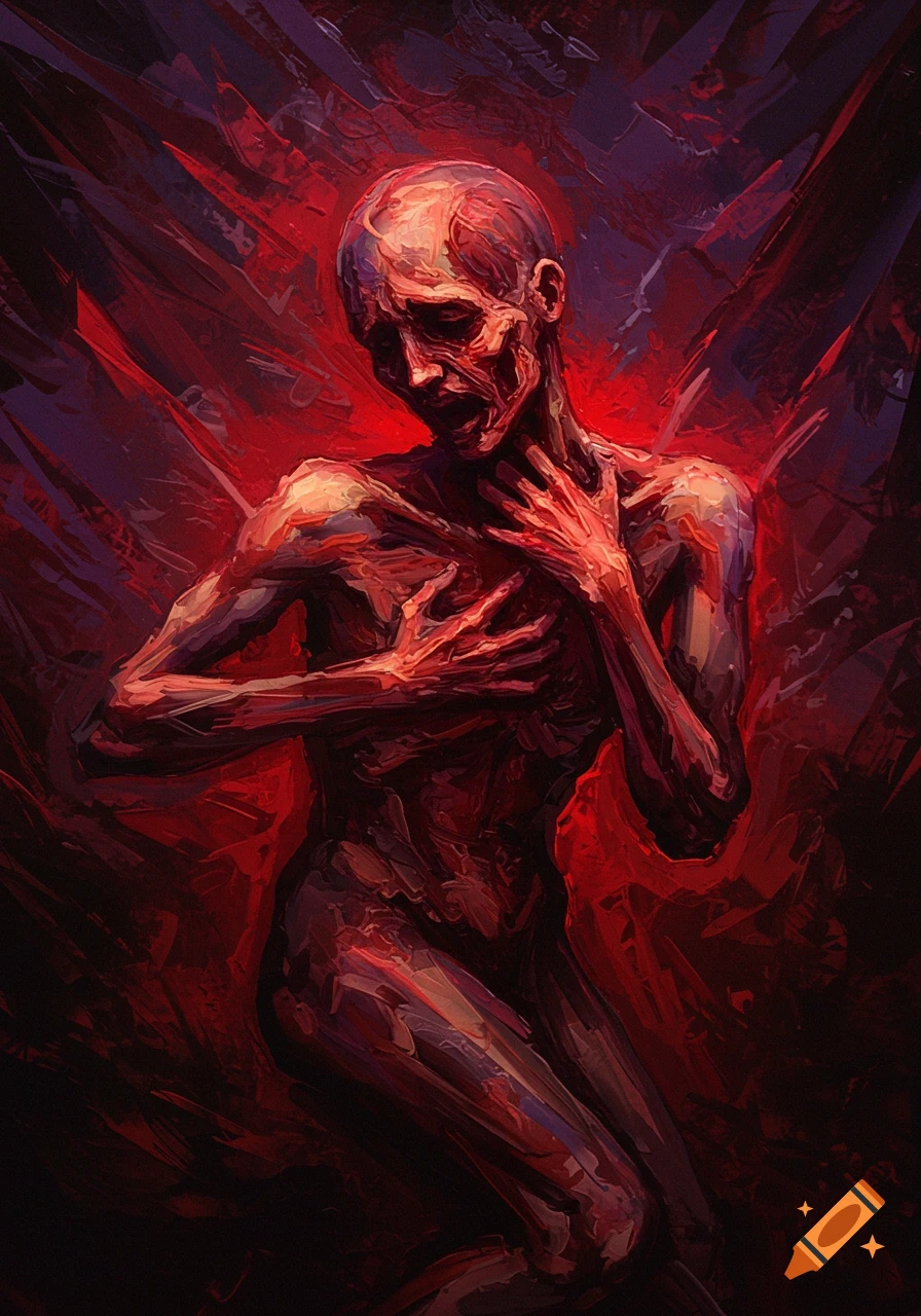 Abstract painterly art of a gaunt figure holding its chest, expressing pain, in red and purple tones.