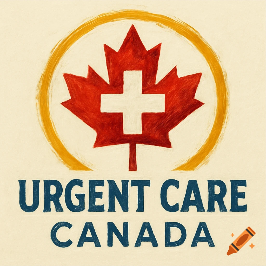 Logo for Urgent Care Canada with a red maple leaf symbol featuring a white cross inside a yellow circle, in a painted style.