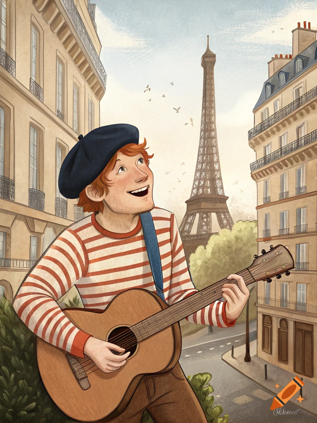 Illustration of a musician in a beret playing guitar in Paris with the Eiffel Tower in the background.