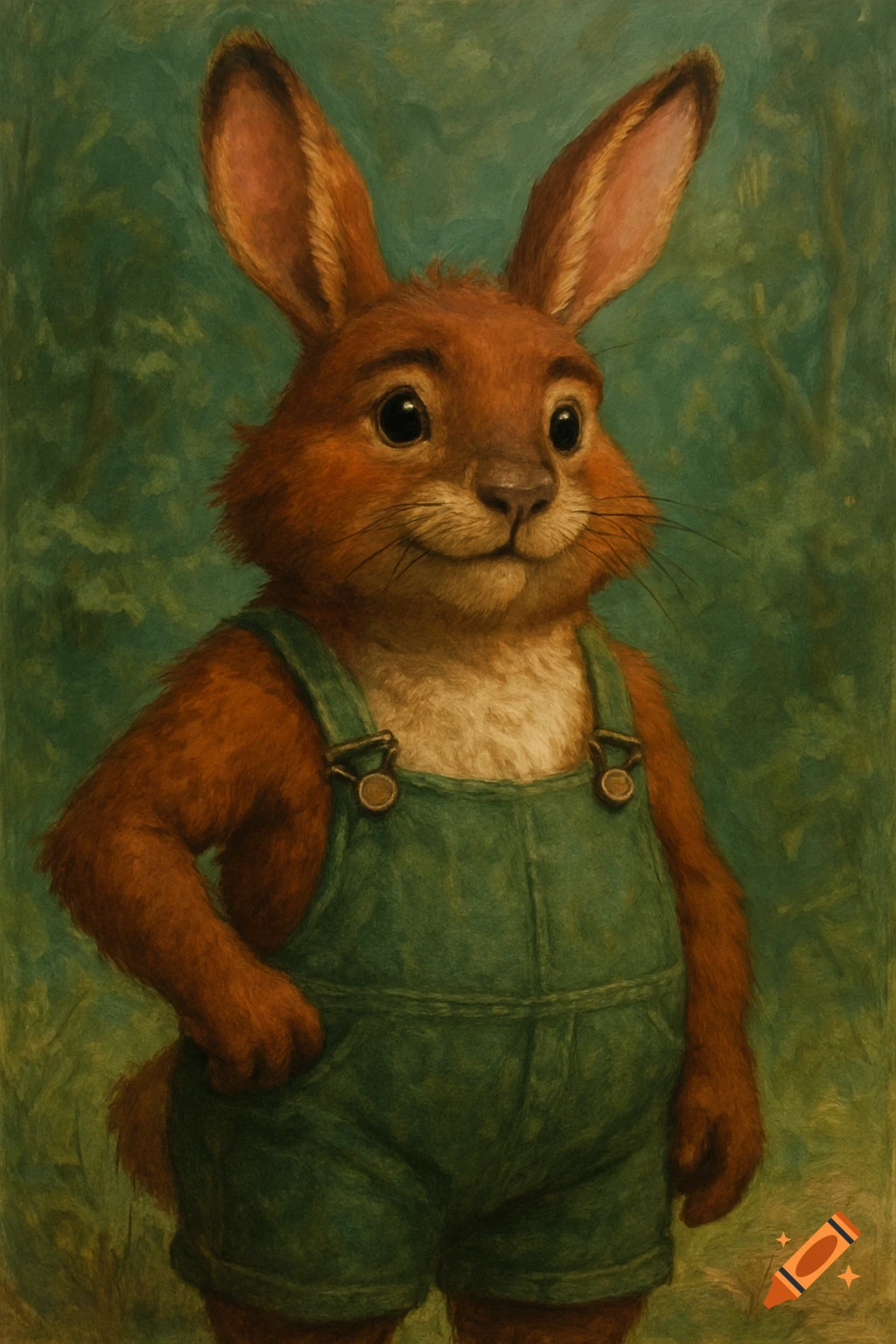 A friendly-looking cartoon rabbit wearing green overalls stands in a ...