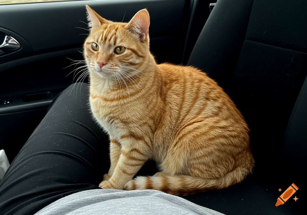 An orange tabby cat sits on a person's lap in a car.