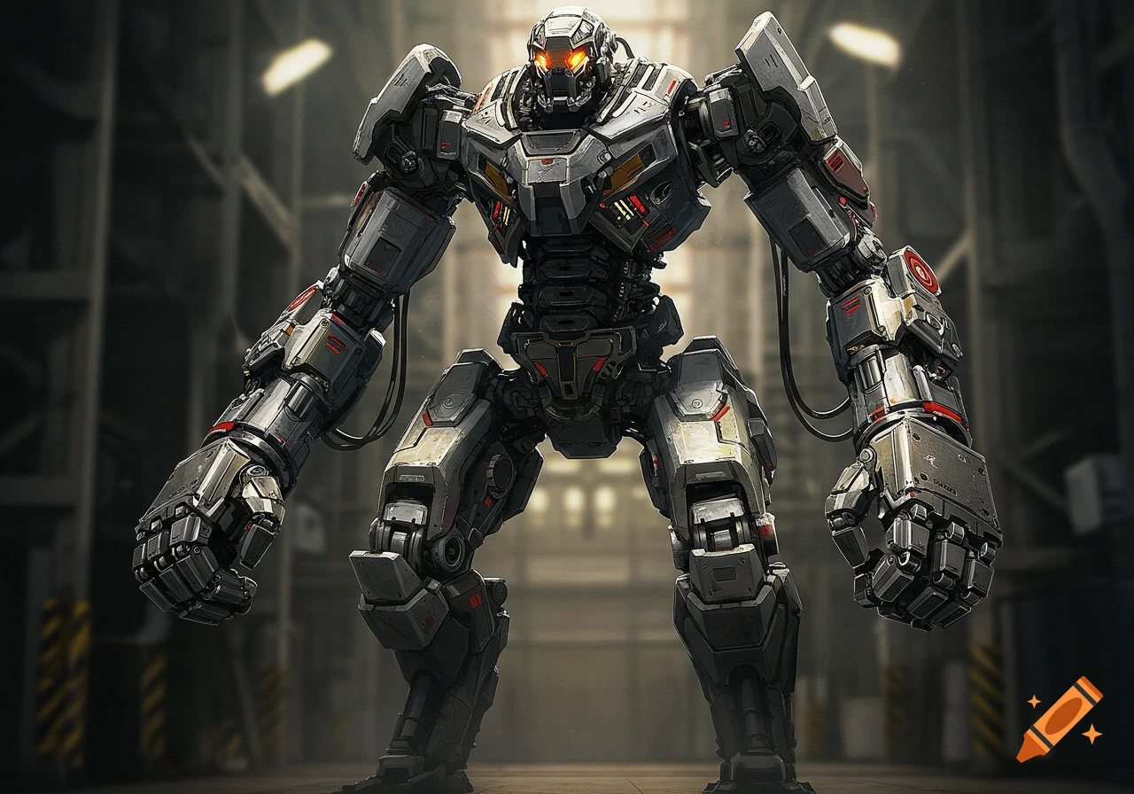 A large powerful metal robot with glowing eyes stands in an industrial setting.