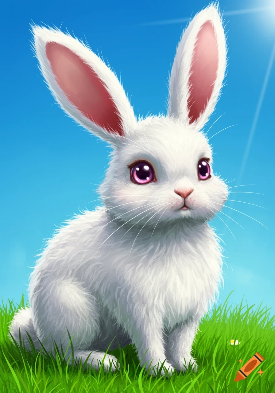 An illustrated white bunny sits in green grass under a bright blue sky.