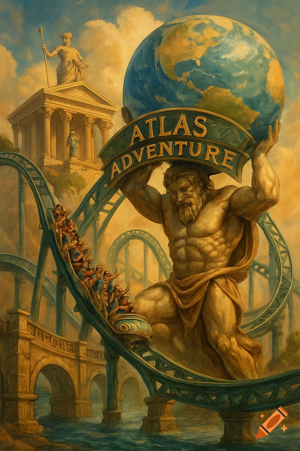 Atlas holding the globe and a banner over a rollercoaster carrying people, painted in a classic style.