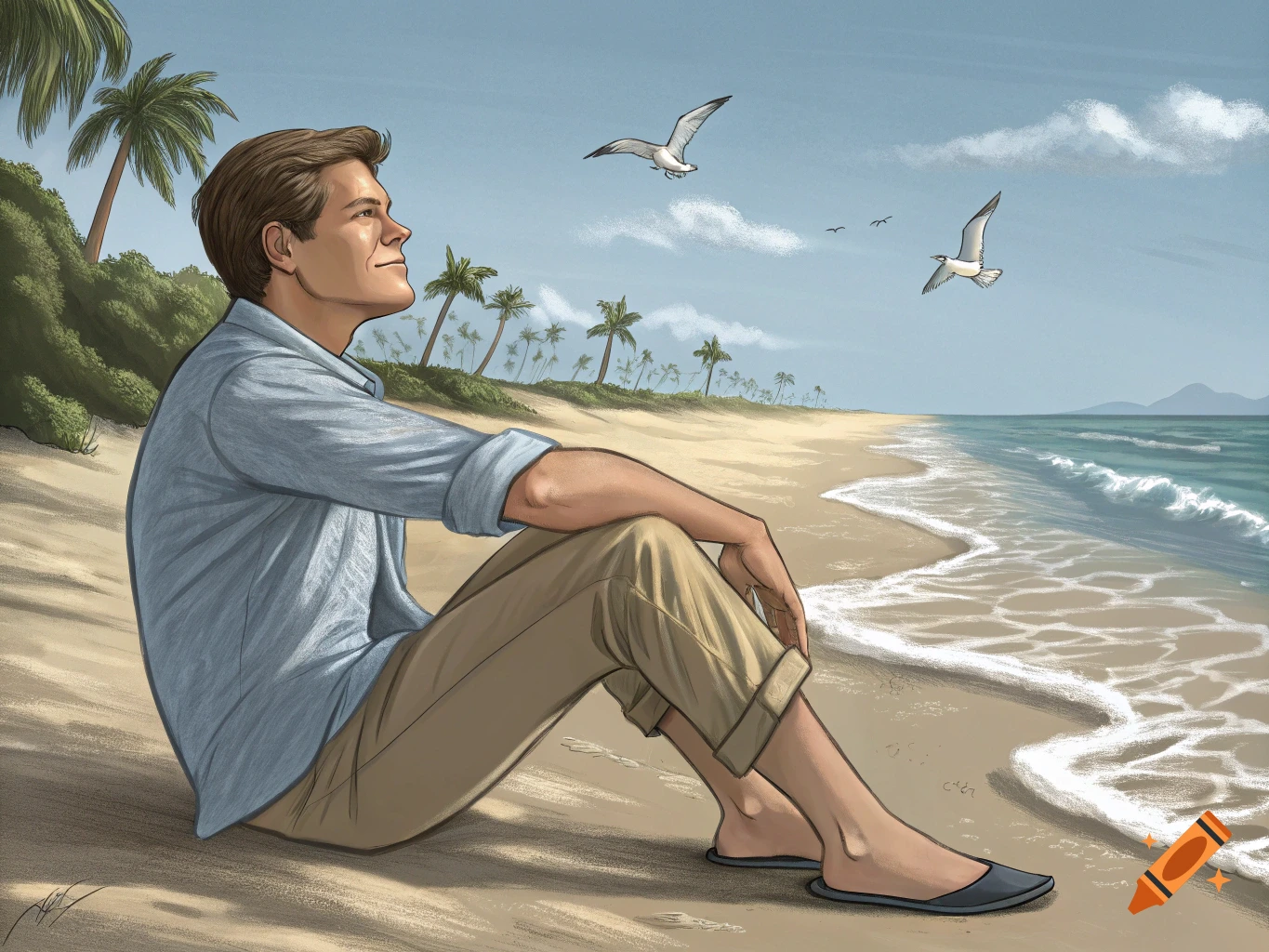 Illustration of a man sitting on a beach, looking up at seagulls flying over the water.