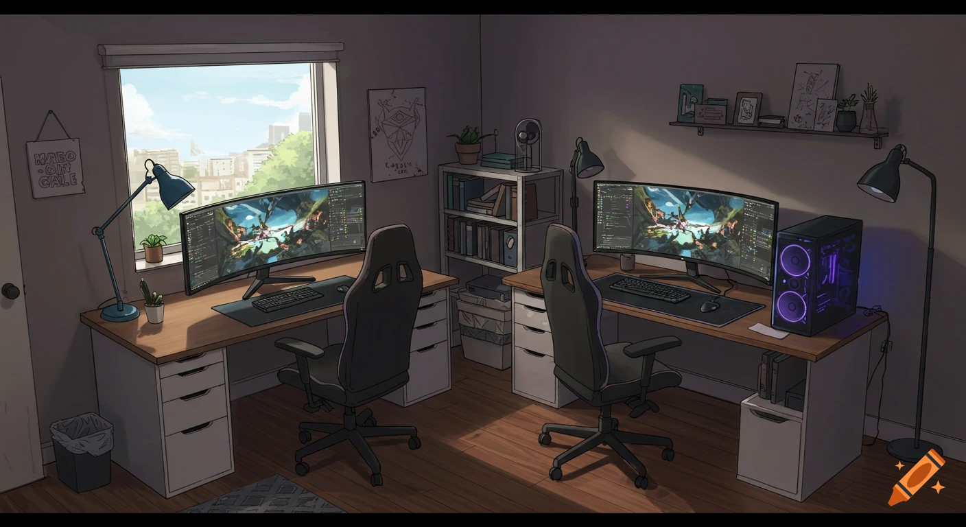 Cartoon illustration of a cozy gaming room with two desk setups, monitors, chairs, and a window view.