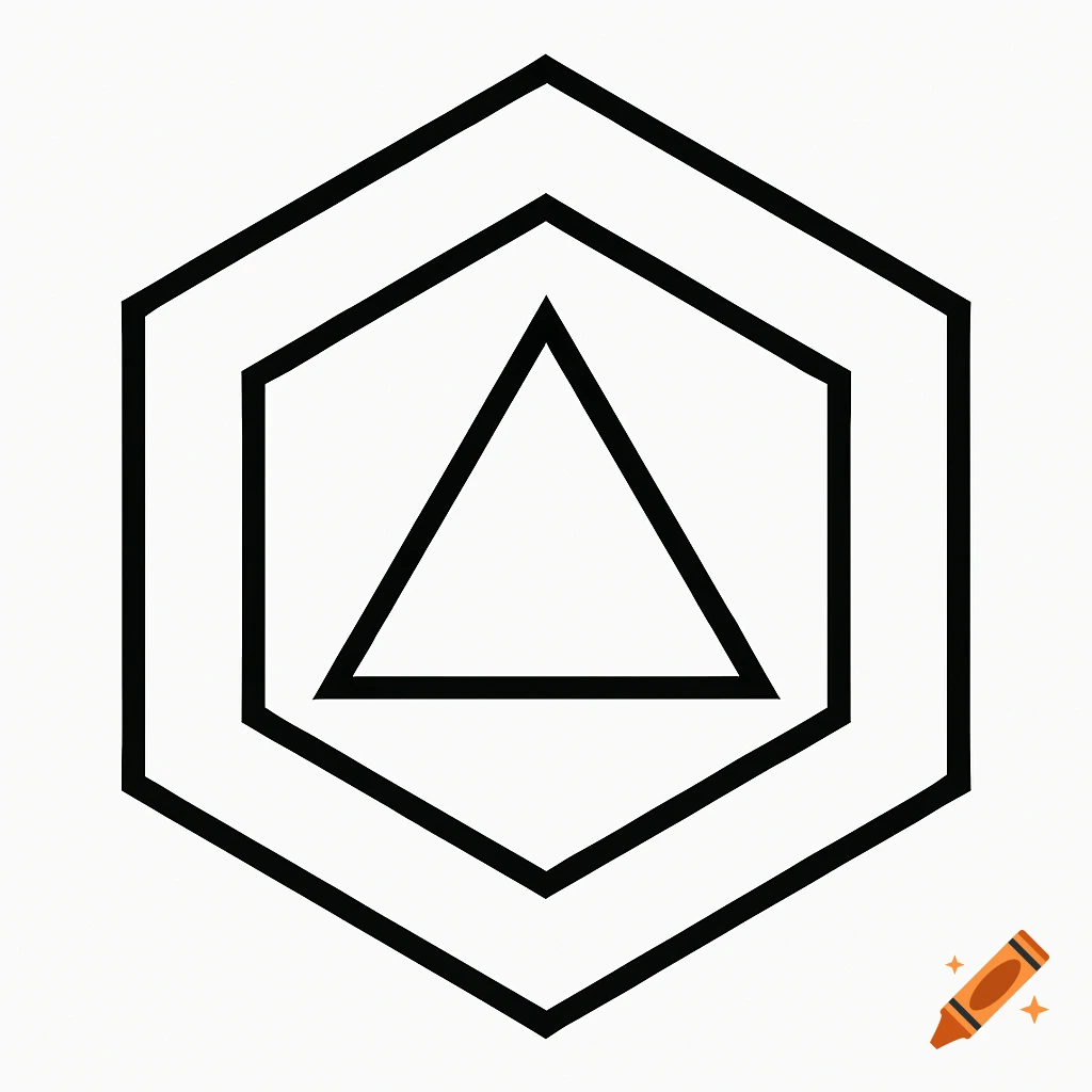 Black outline triangle within two concentric hexagons on white.