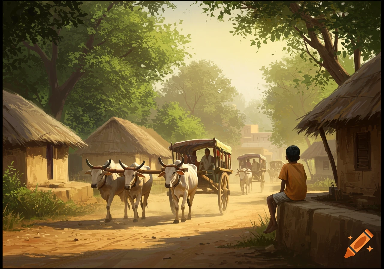 An oil painting of a rural Indian village with bullock carts and a boy sitting in the foreground.