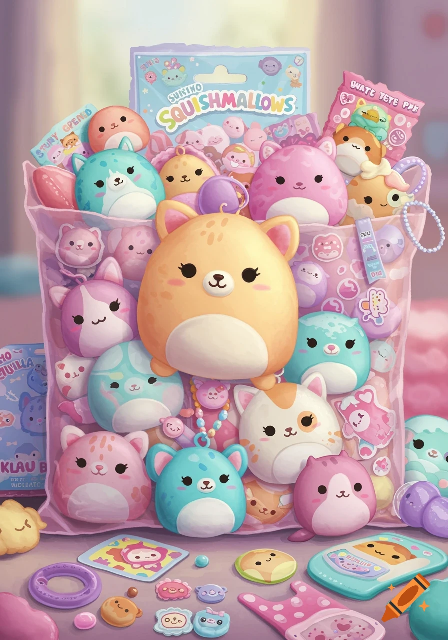 A pastel illustration of a bag overflowing with cute, round animal stuffed toys, charms, and stickers.