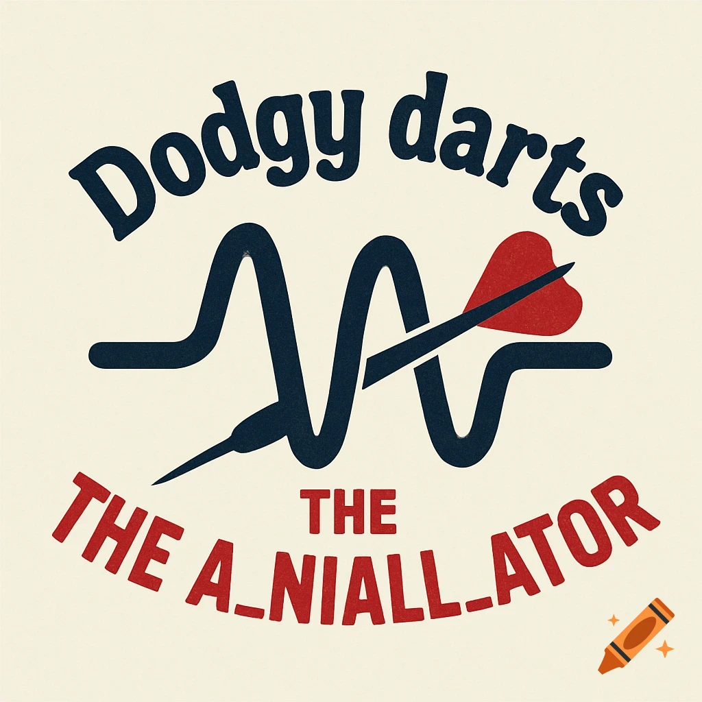 Logo with 'Dodgy darts' and 'THE A_NIALL_ATOR', featuring a dart, waveform, and heart. Graphic style.