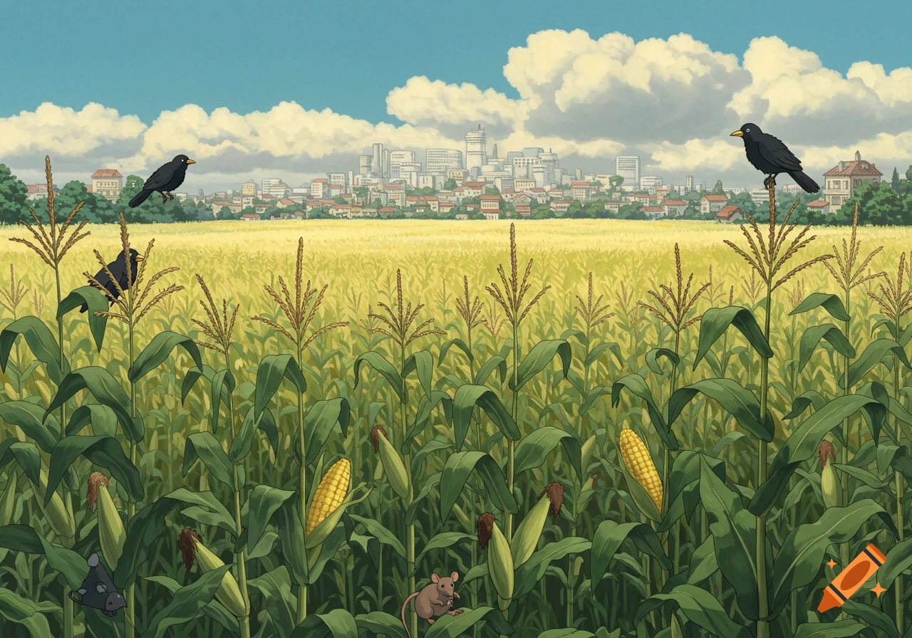 Studio Ghibli style illustration of a corn field with blackbirds and a mouse, overlooking a city skyline.