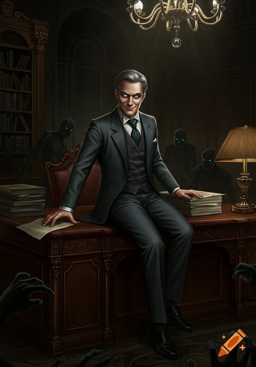 A sinister man in a suit with glowing eyes sits at a desk with shadowy figures behind him.