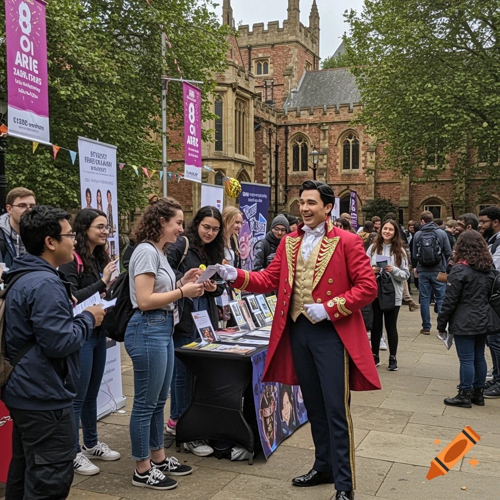Man in red ringmaster costume talks to students at a college outdoor event