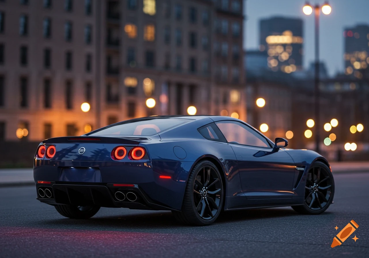 A deep blue sports car is parked on a city street at dusk. The rear of the car is visible with red tail lights illuminated.
