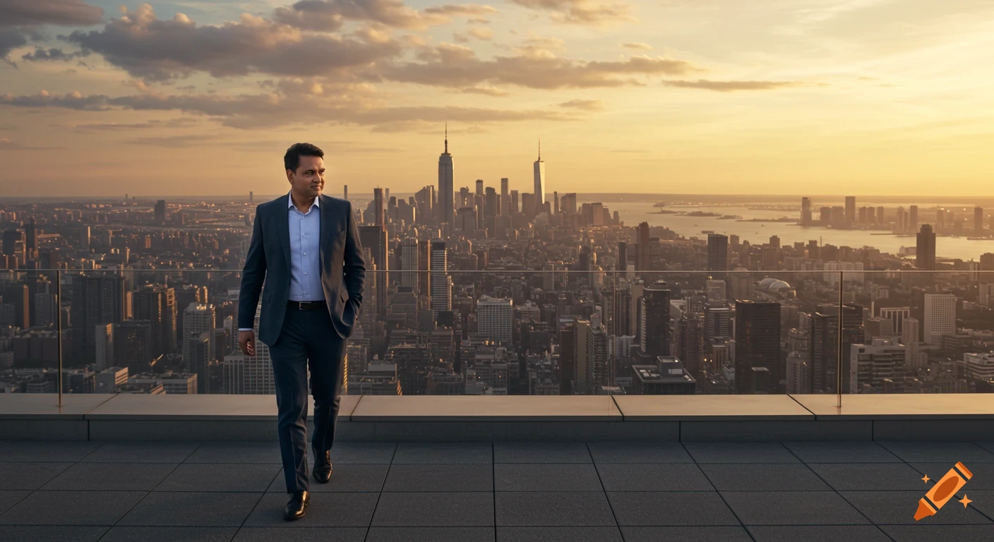 Businessman walks on a rooftop overlooking a panoramic city skyline at sunset.
