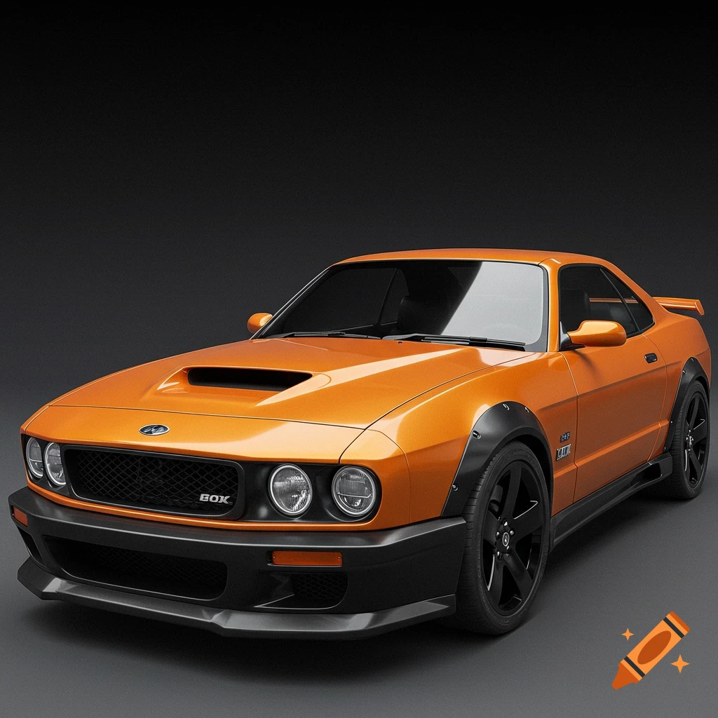 An orange sports car with wide fender flares and a hood scoop.