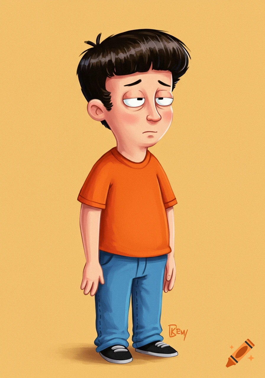Cartoon illustration of a boy in an orange shirt and blue jeans ...