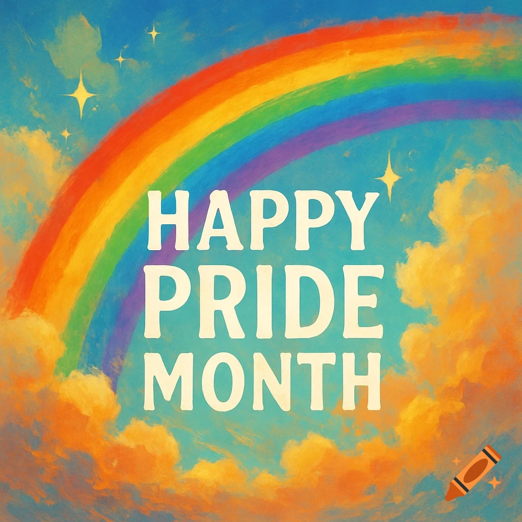 A vibrant rainbow arcs across a sky with clouds and stars above the text 'HAPPY PRIDE MONTH'.