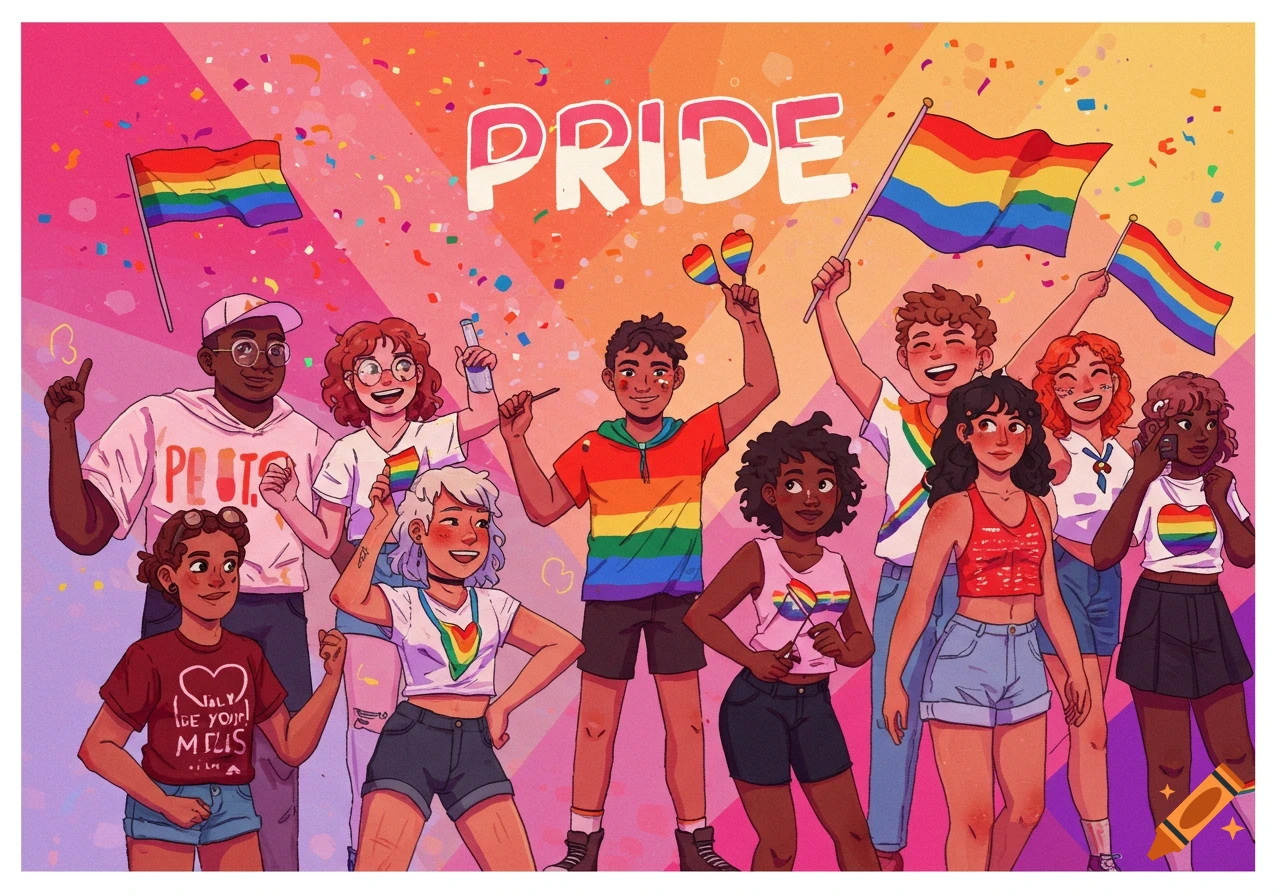 Diverse group of people celebrating Pride with rainbow flags and confetti, illustration.