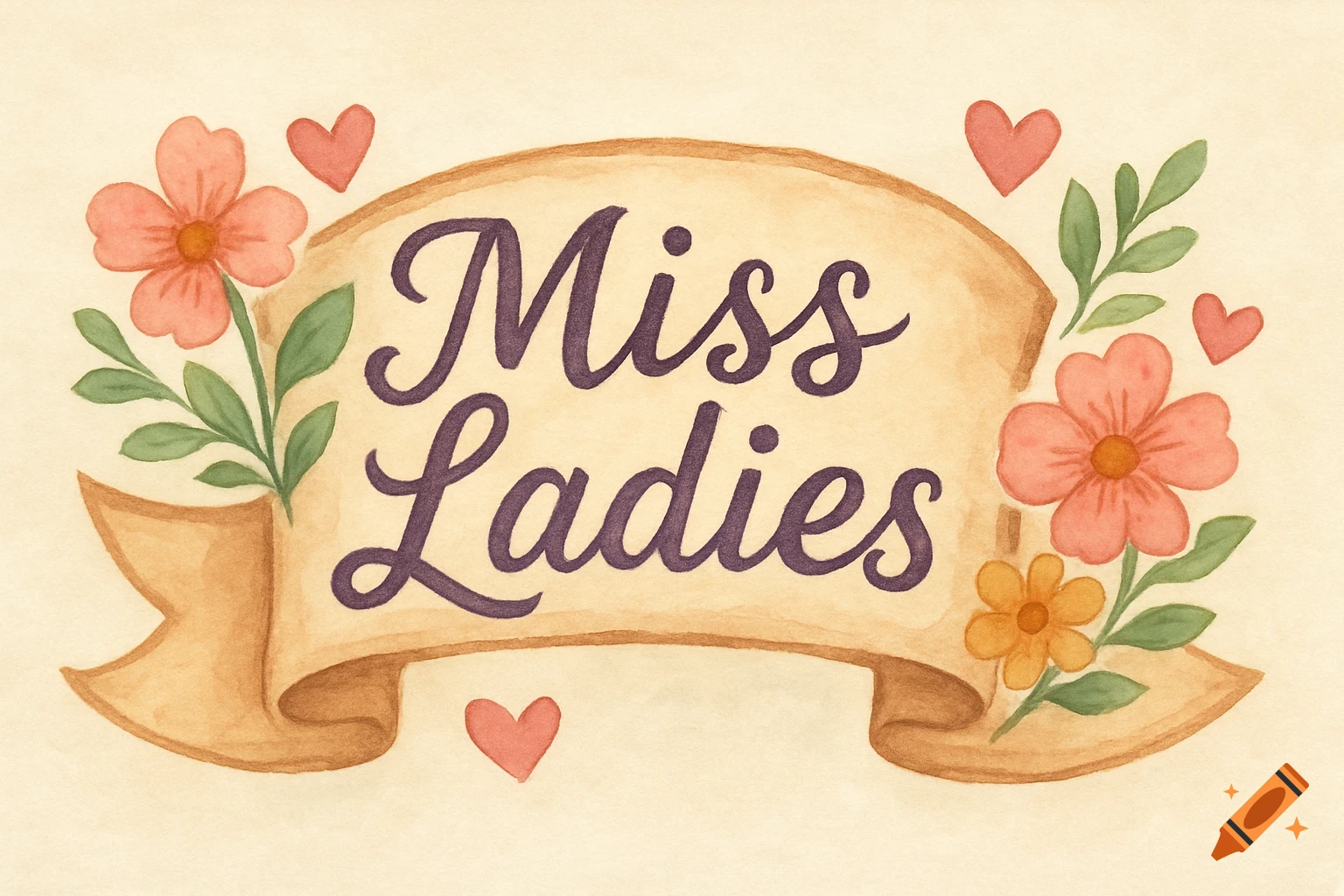 Watercolor illustration of a banner with pink flowers, hearts, and the text "Miss Ladies".