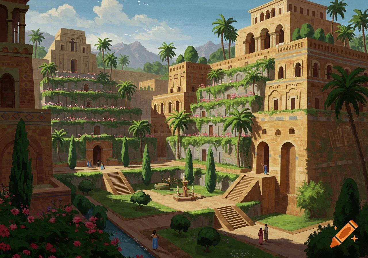 A detailed view of the Hanging Gardens of Babylon with terraced structures, lush gardens, pools, and figures, rendered in a painterly style.