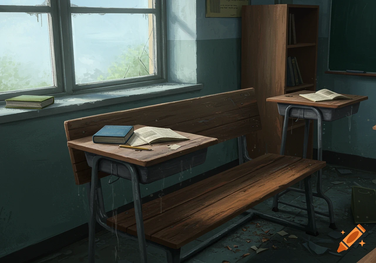 Digital painting of an empty, damaged classroom with wooden desks, cracked window, and debris.