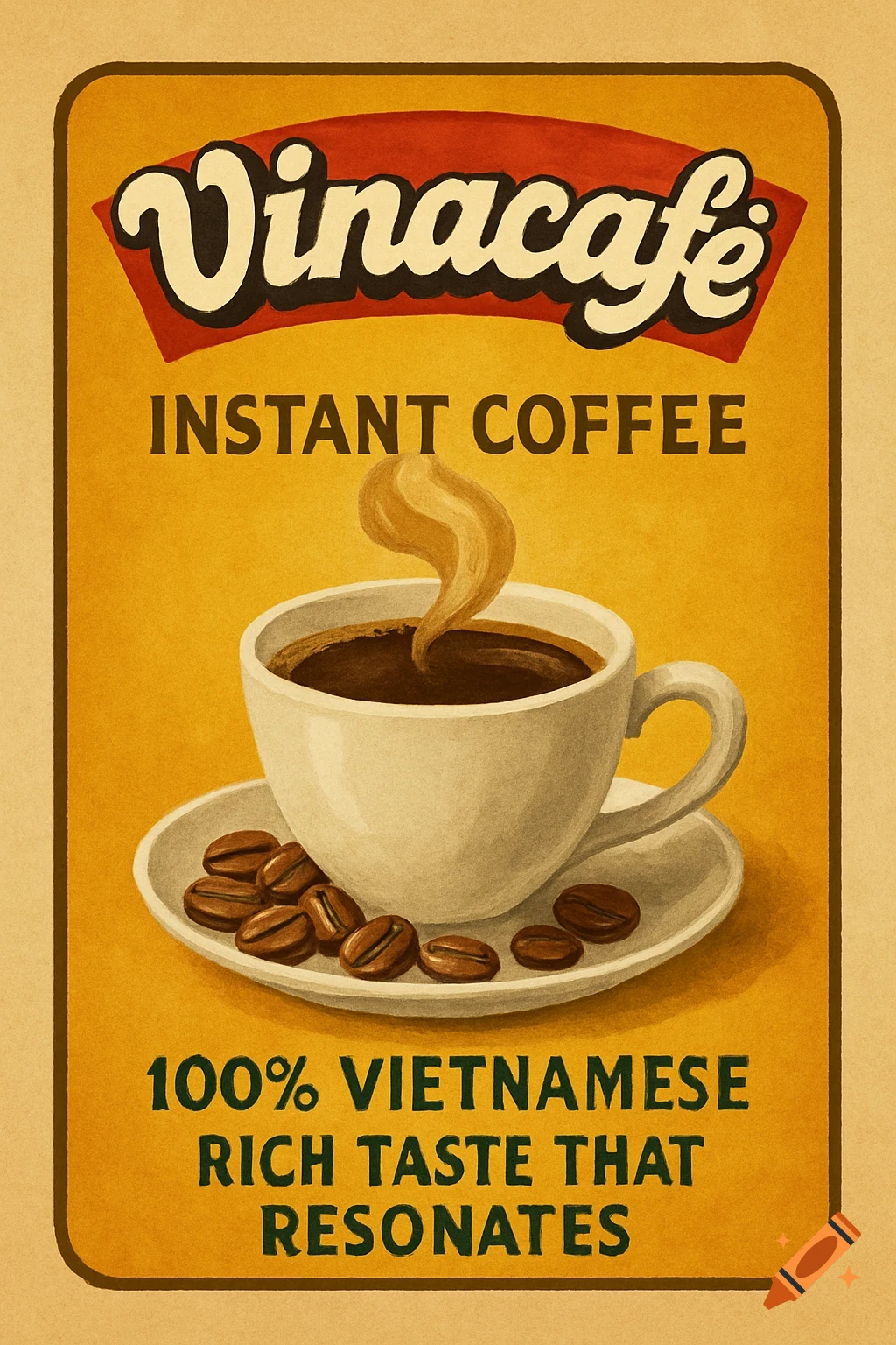 Vintage poster for VinaCafe Instant Coffee with a cup of steaming coffee and beans.