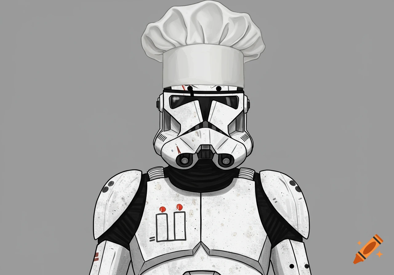 An illustration of a Star Wars clone trooper wearing a white chef's hat.