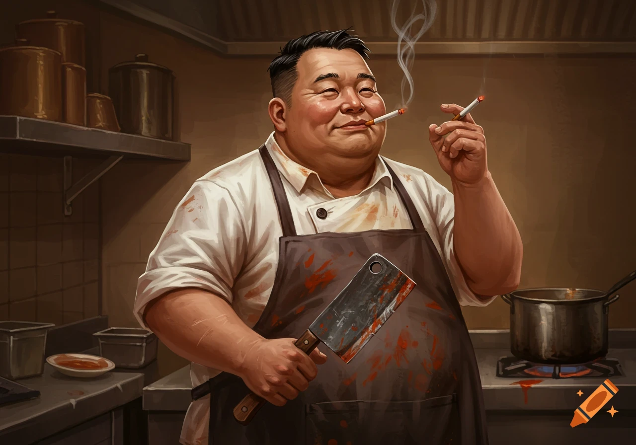 A chef in a stained apron holds a cleaver and smokes a cigarette in a kitchen.