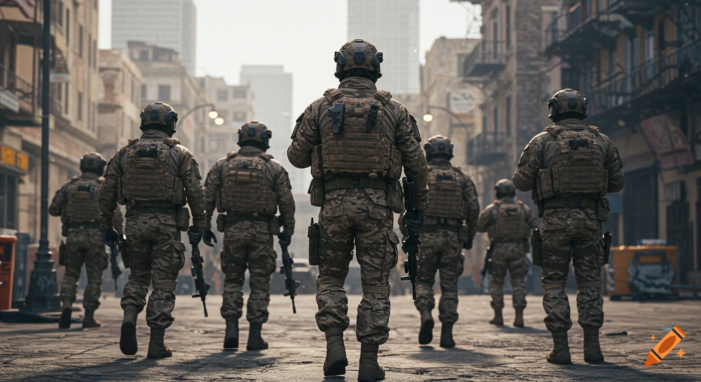 Photorealistic image of a special forces squad in tactical gear walking away down an urban street.