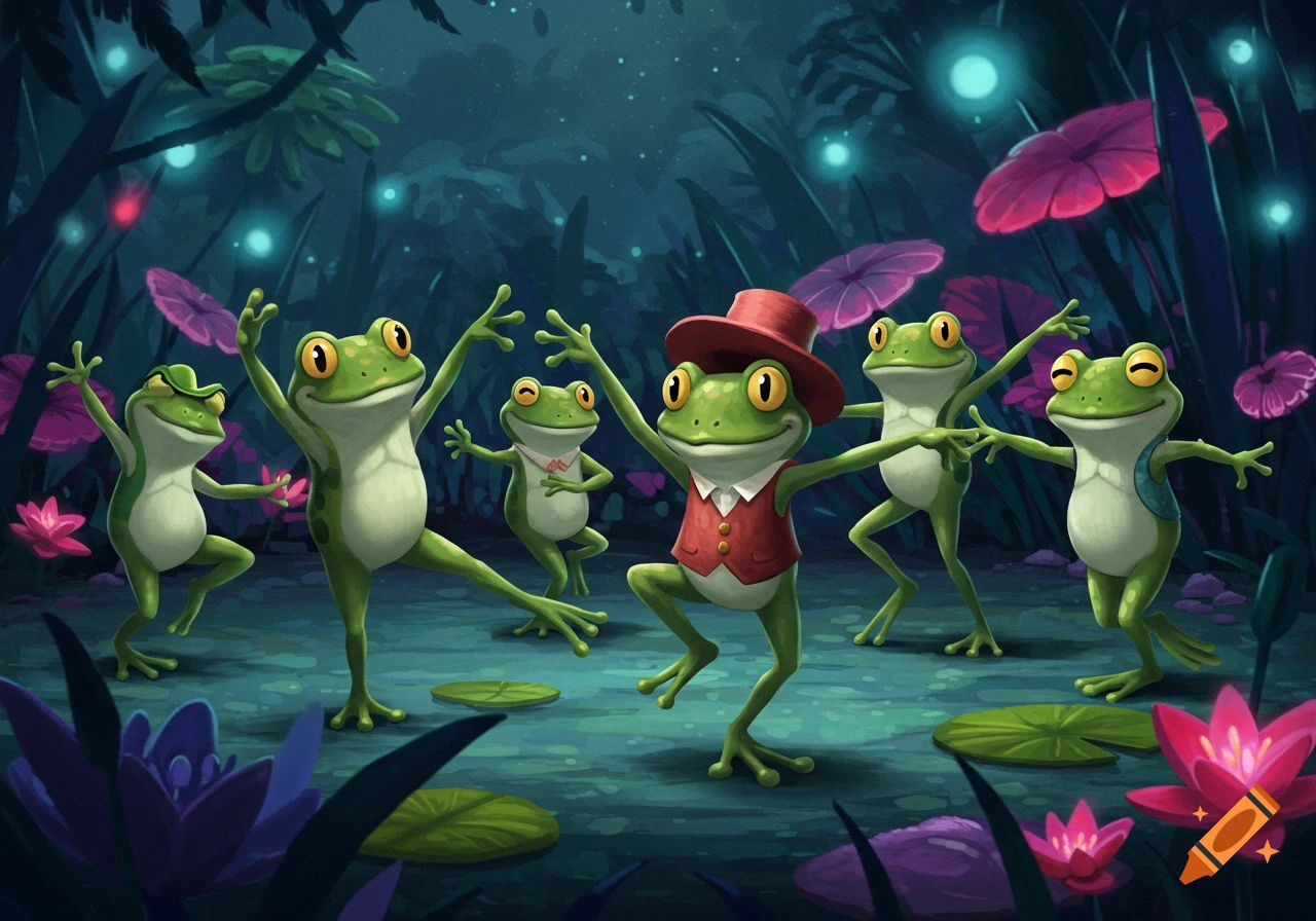 Illustration of cartoon frogs dancing in a forest with fireflies and water lilies