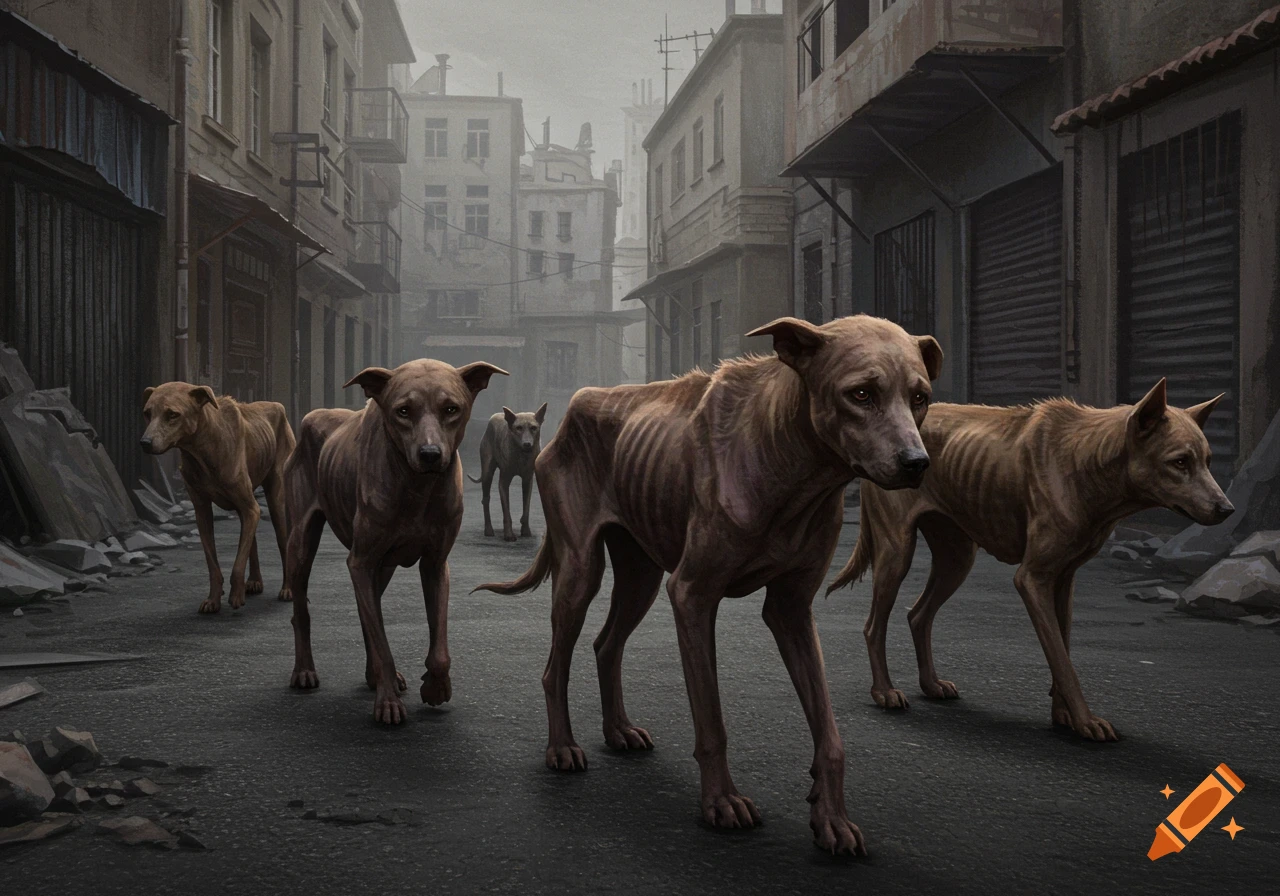 Emaciated dogs walk down a gloomy, crumbling city street.