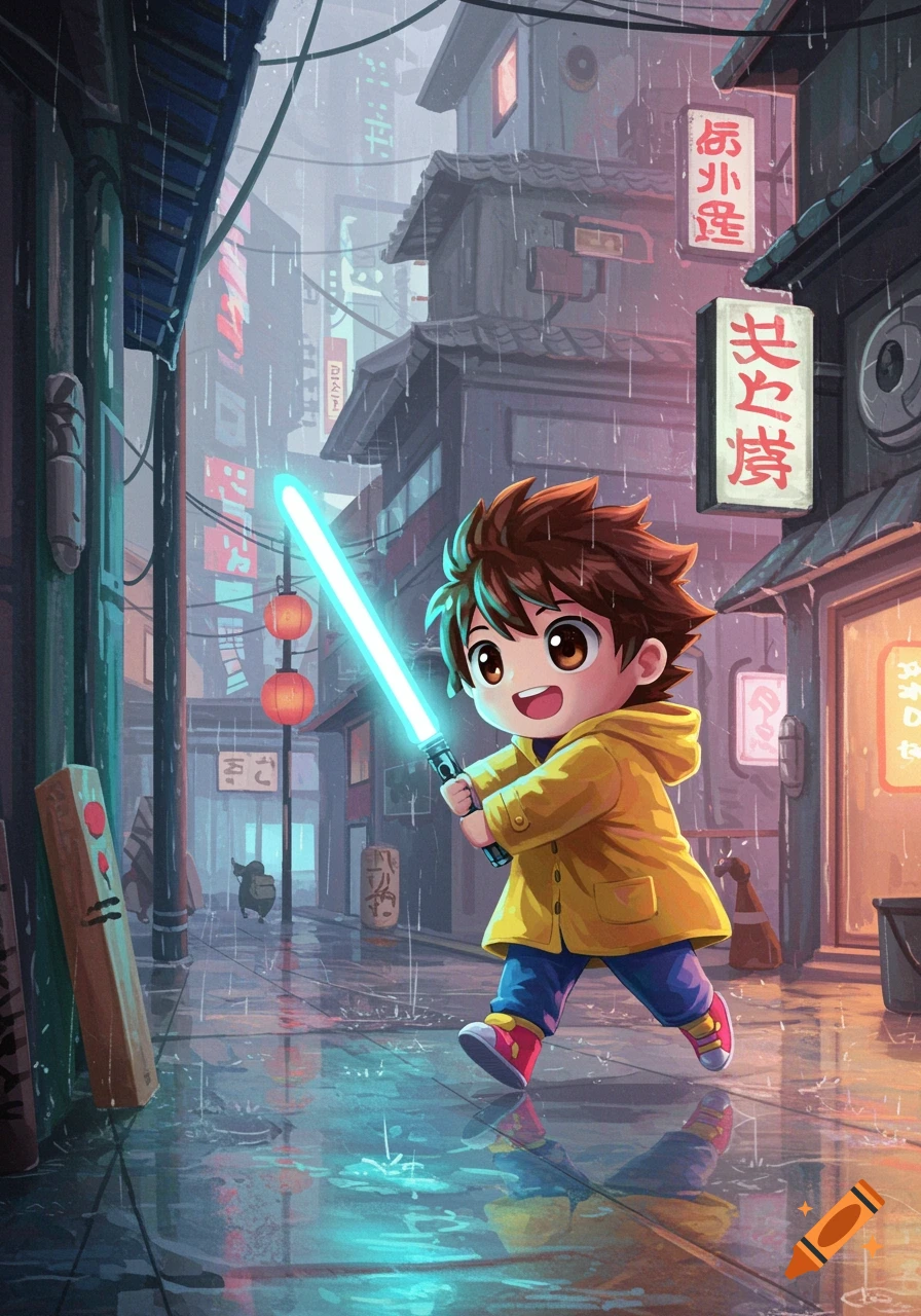 Cute anime kid with a lightsaber walks down a rainy urban street at night.