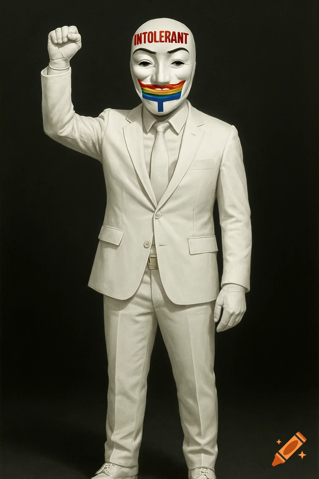 Person in white suit & Guy Fawkes mask with 'INTOLERANT' on forehead, rainbow stripe over mouth, raised fist against black background.