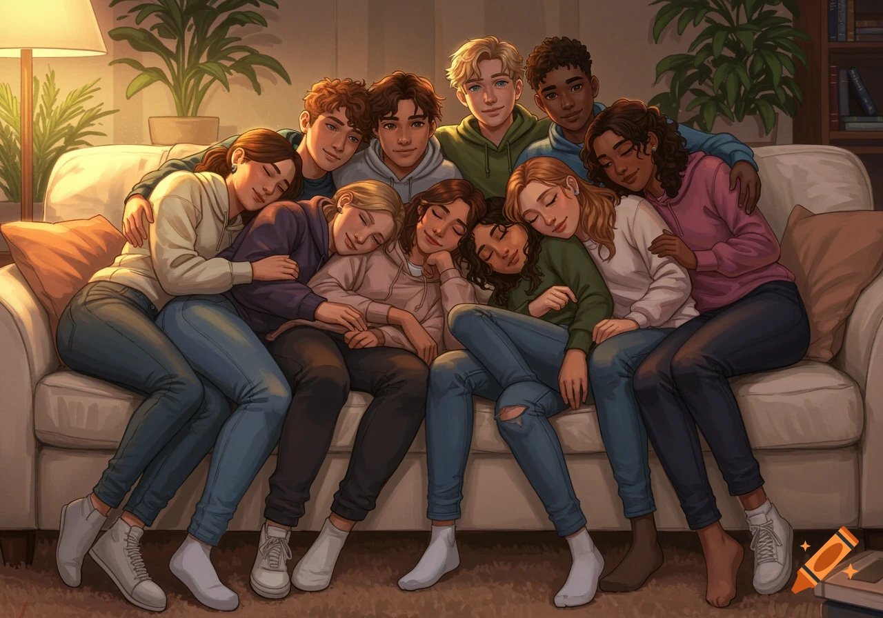 An illustration of eight teenagers cuddling together on a couch in a cozy room.
