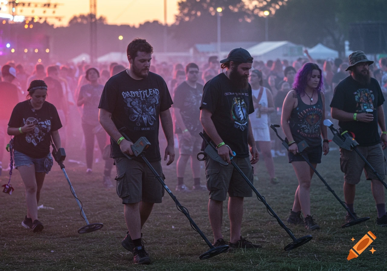 People use metal detectors in a crowd at an outdoor event during sunset.