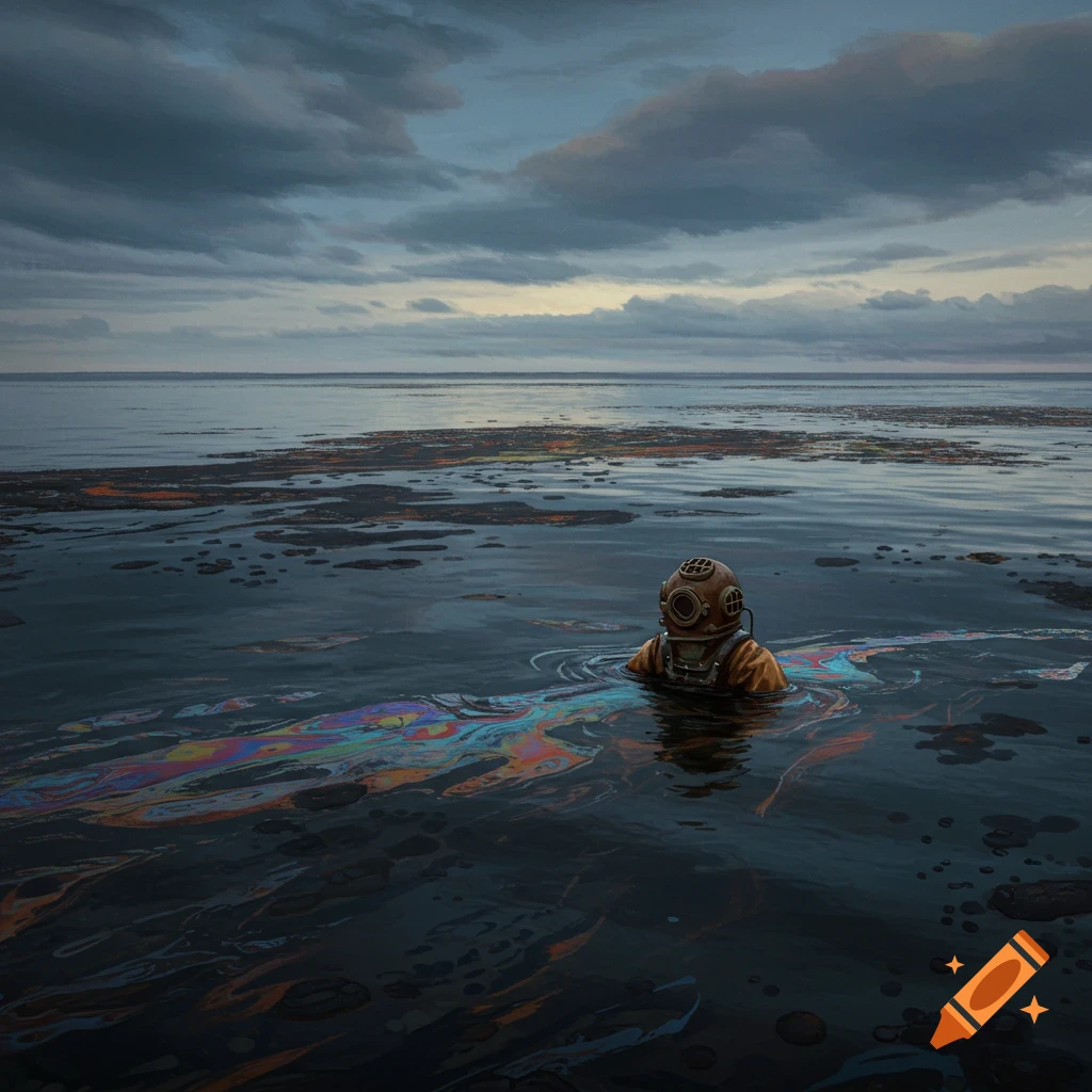 Person in vintage diving helmet sits in dark water with a swirling oil slick under a cloudy sky.
