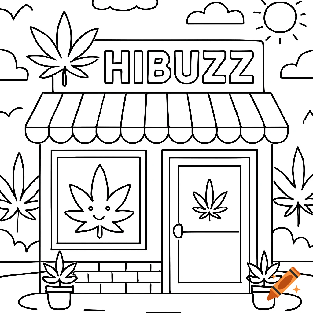 Black and white coloring page of a weed dispensary called HIBUZZ with marijuana leaves.
