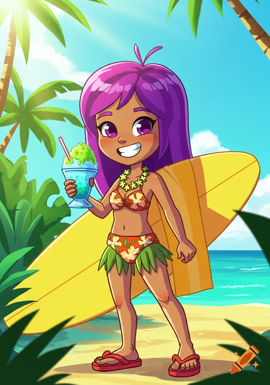 Cartoon girl with purple hair on a beach, holding a slushy and a surfboard.