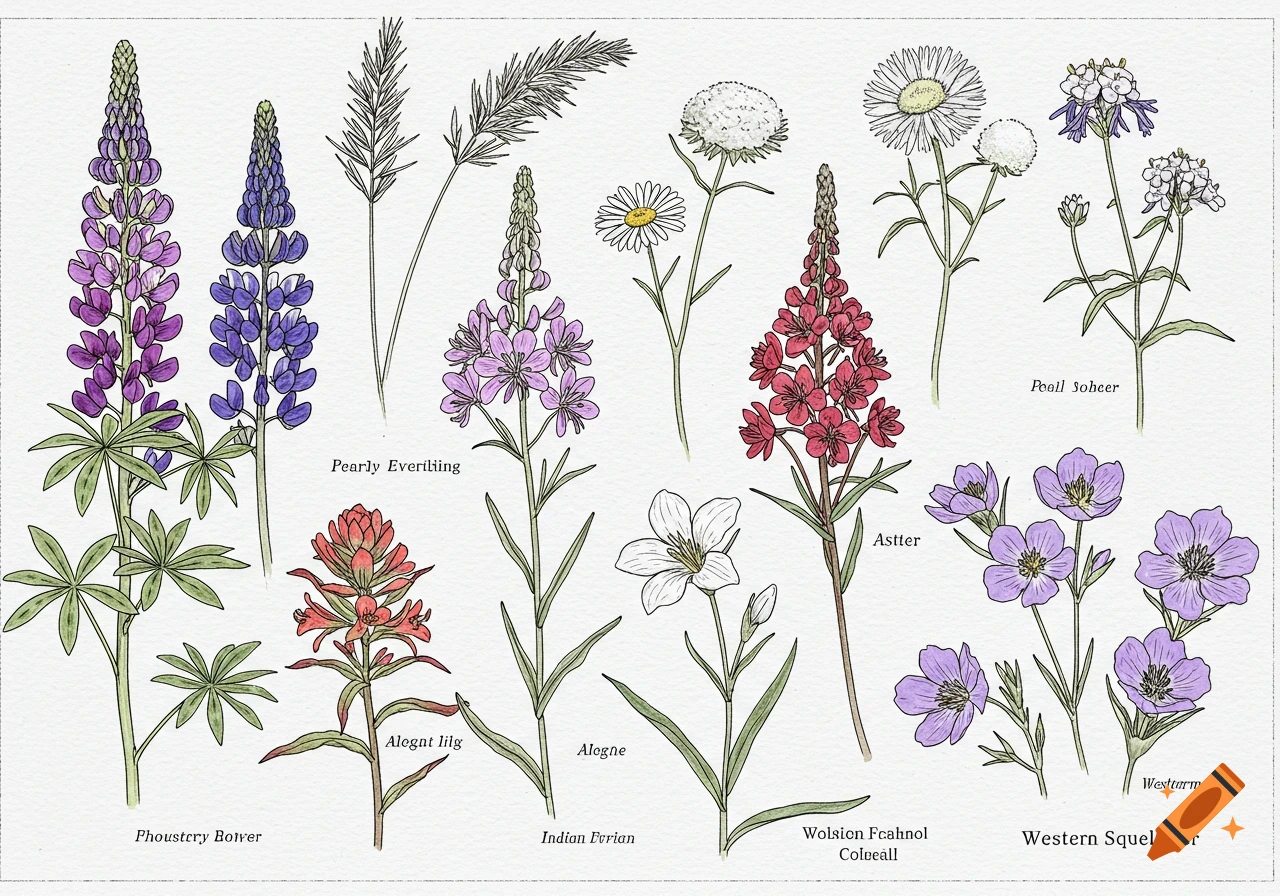 Line drawing botanical illustration of various wildflowers with labels.