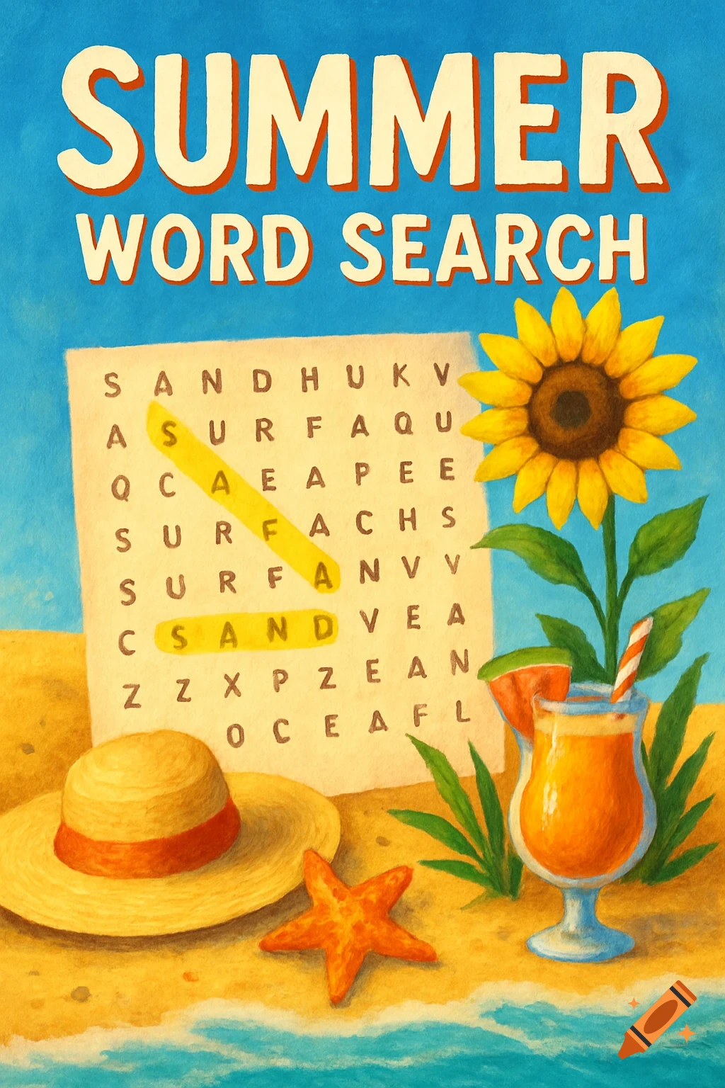 Illustration of a summer word search puzzle cover on a beach with a hat, starfish, sunflower, and drink.