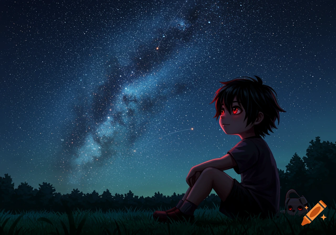 Anime child with red eyes sits in grass looking at a starry night sky.