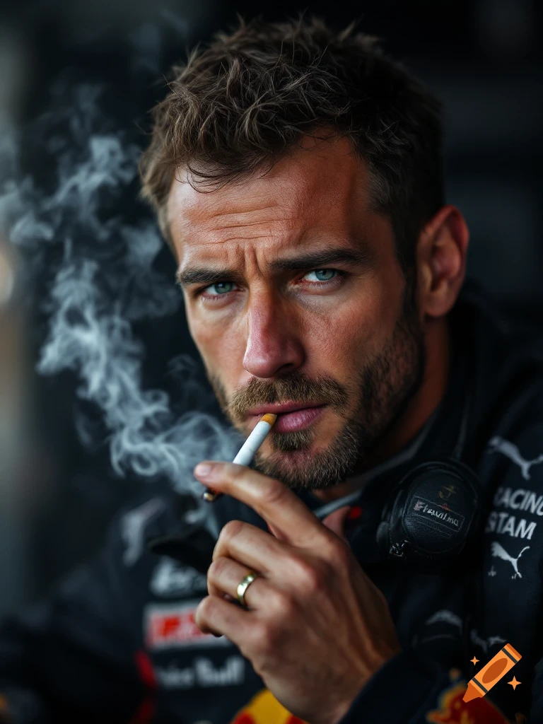 Close-up photorealistic portrait of a man in racing gear smoking a cigarette.