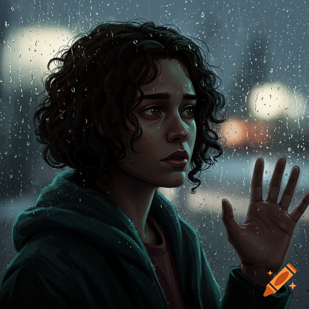 An illustration of a woman with curly hair looking out a rainy window, hand pressed against the glass.